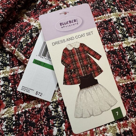 Blueberi Boulevard Girls Tweed Coat Dress Set Size 7 Red Navy Holiday Party NWT - Picture 5 of 10